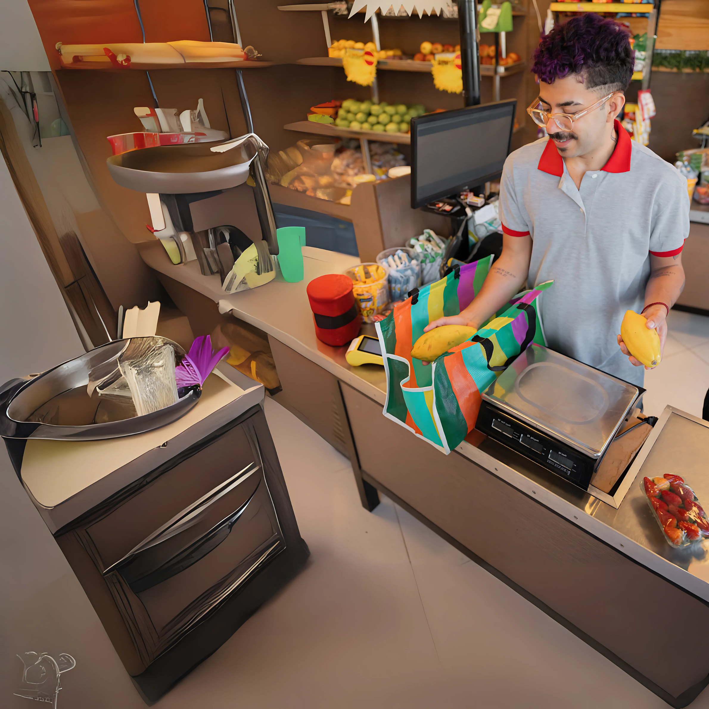 person working the cashier and packing fruits