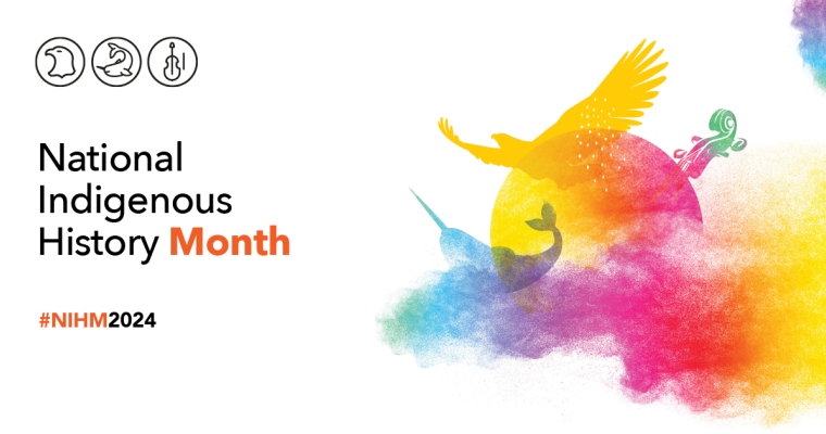 Graphic representing National Indigenous History Month with colourful images of animals, nature and musical instruments