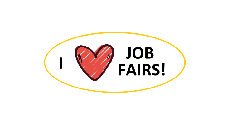 An oval sticker that reads I love job fairs.