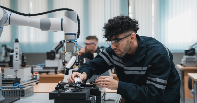 Young male engineer working with a robotic arm