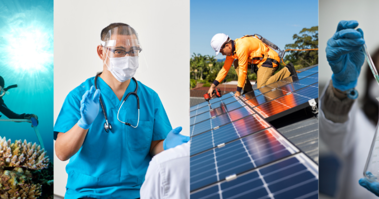 A collage of four different photos showing workers in each of the four emerging economies (Blue, Care, Green, STEM): the first is a marine biologist wearing scuba gear measuring a coral reef, the second is a care worker wearing scrubs and protective equipment, the third is a worker installing solar panels on a roof and the fourth is a worker wearing a face mask, lab coat and gloves holding up a beaker and test tube.