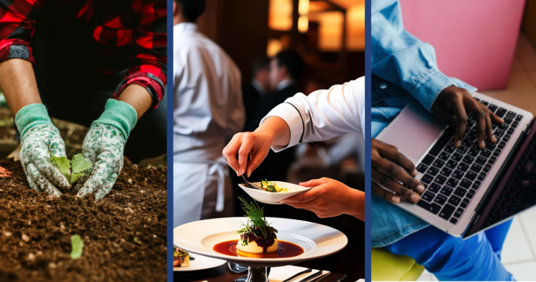 Collage of three close-up images of hands doing various things: the left image is of someone wearing gardening gloves and a flannel shirt planting in soil, the image in the middle is someone's hand's garnishing a prepared meal at a restaurant, and the image on the right is of someone's hands on a laptop.