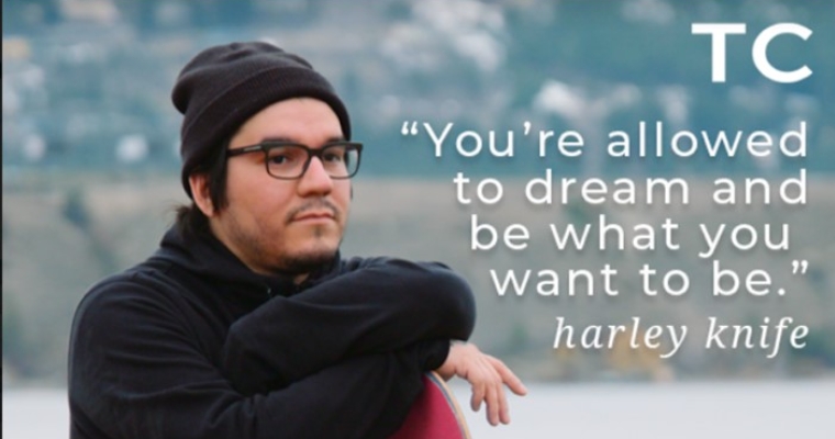 Harley Knife sitting on a beach with a quote from him saying "you're allowed to dream and be what you want to be."