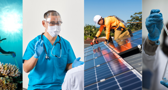 A collage of four different photos showing workers in each of the four emerging economies (Blue, Care, Green, STEM): the first is a marine biologist wearing scuba gear measuring a coral reef, the second is a care worker wearing scrubs and protective equipment, the third is a worker installing solar panels on a roof and the fourth is a worker wearing a face mask, lab coat and gloves holding up a beaker and test tube.