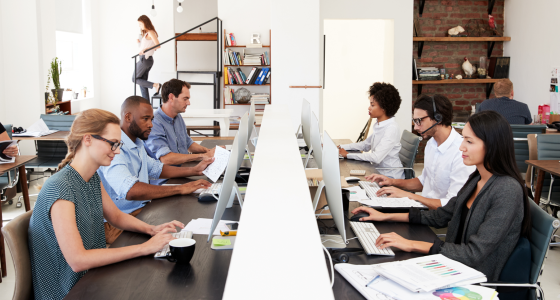 office staff sitting in rows at computer stations