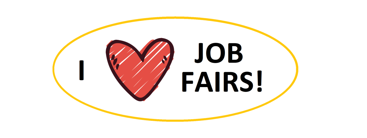 An oval sticker that reads I love job fairs.