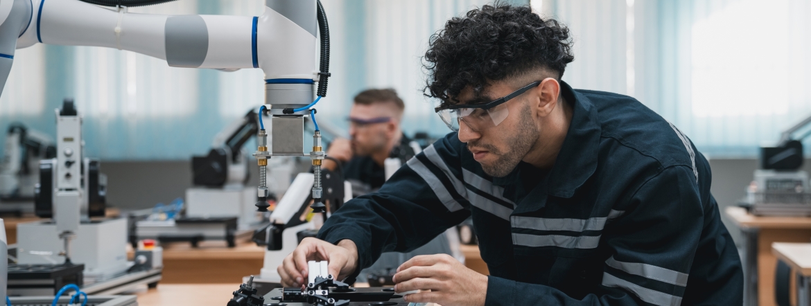 Young male engineer working with a robotic arm