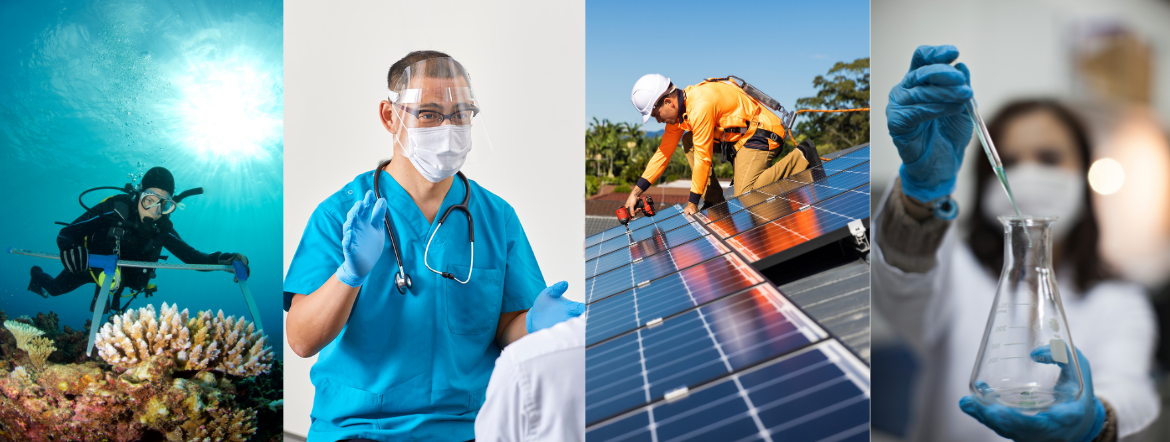 A collage of four different photos showing workers in each of the four emerging economies (Blue, Care, Green, STEM): the first is a marine biologist wearing scuba gear measuring a coral reef, the second is a care worker wearing scrubs and protective equipment, the third is a worker installing solar panels on a roof and the fourth is a worker wearing a face mask, lab coat and gloves holding up a beaker and test tube.
