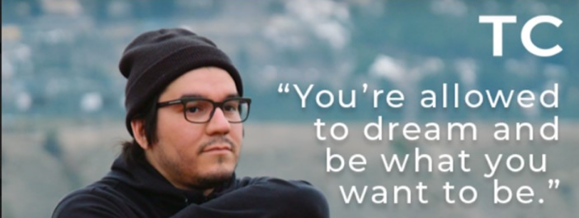 Harley Knife sitting on a beach with a quote from him saying "you're allowed to dream and be what you want to be."