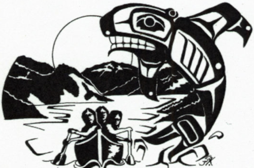 n'quatqua logo, people rowing on a boat while a whale breaches