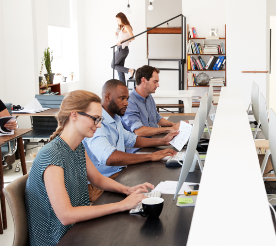 office staff sitting in rows at computer stations