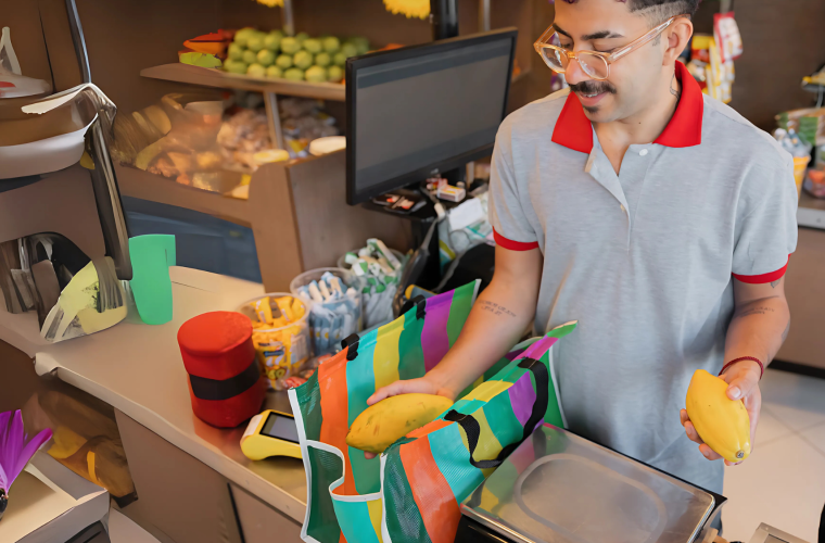 person working the cashier and packing fruits