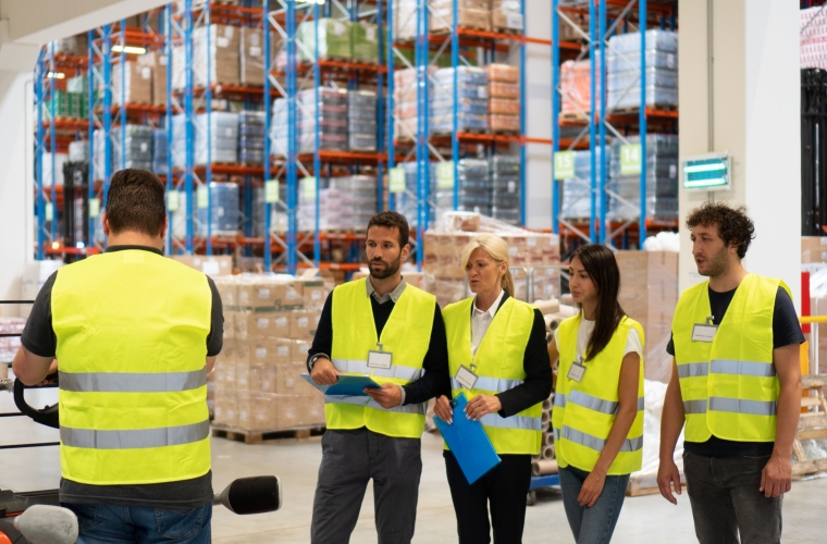 Group of peopl in a warehouse wearing safety vests listening to someone talk