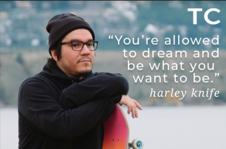 Harley Knife sitting on a beach with a quote from him saying "you're allowed to dream and be what you want to be."