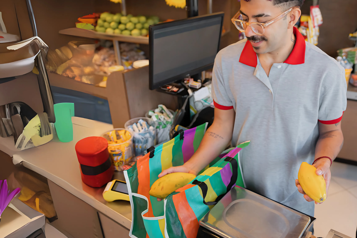 person working the cashier and packing fruits