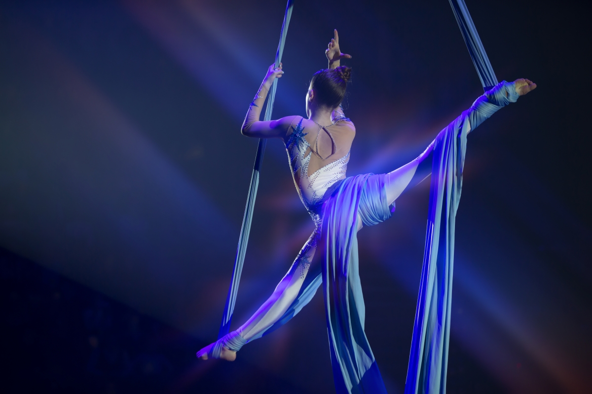 Female performs aerial acrobatic elements on fabric.