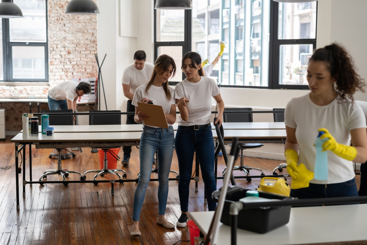 Cleaning team in office while one of them talks to female supervisor holding a clipboard.