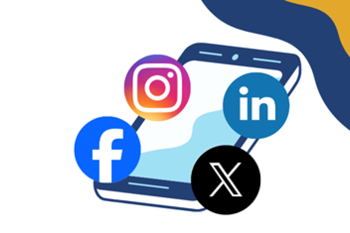 A graphic of a mobile phone with the Instagram, Facebook, LinkedIn and X logos overlayed on top of it.