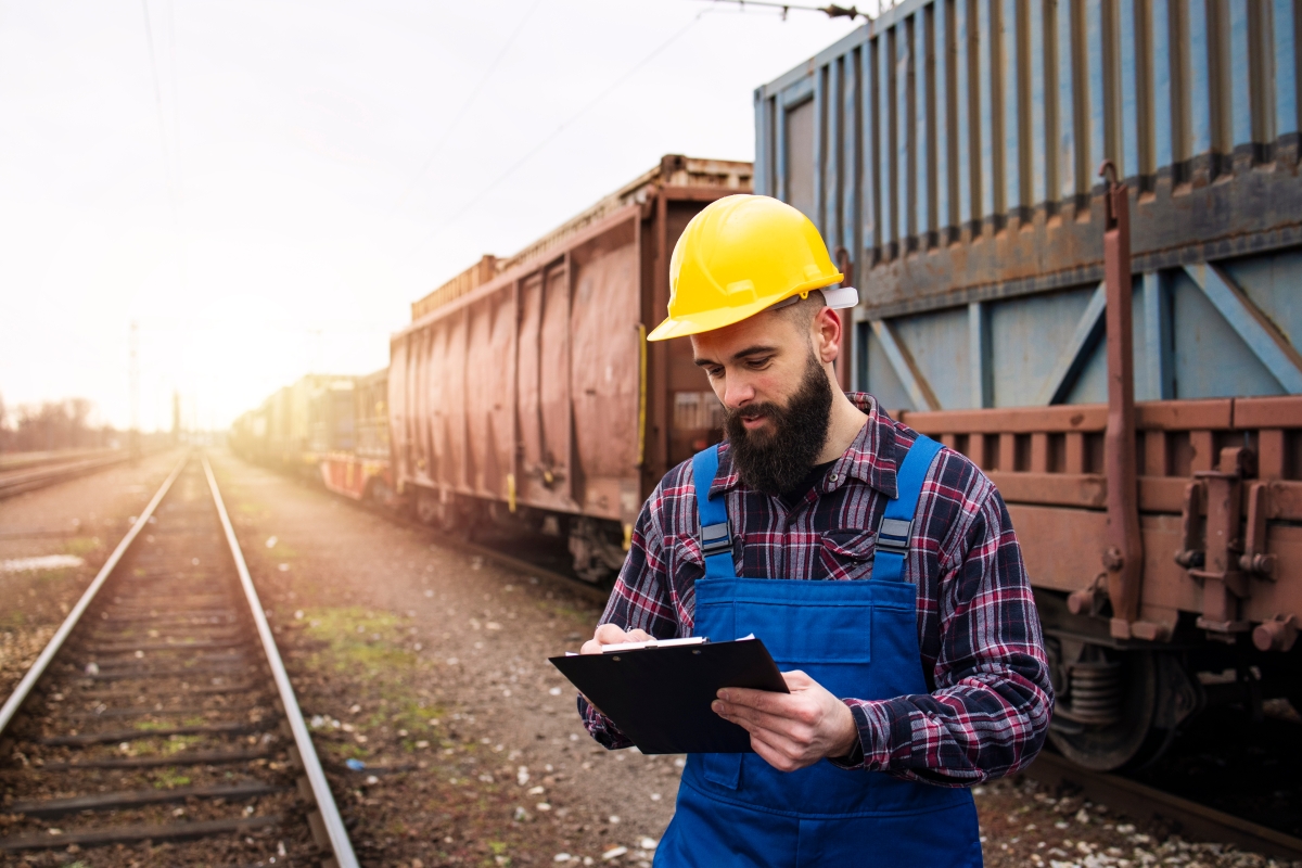 man wearing a yellow hard hat, plaid shirt and denim overalls holding a clipboard while standing between a train and train tracks