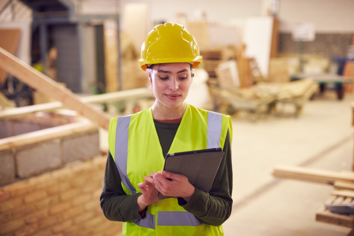 person, wearing a hard hat and safety vest, inspects a clip board while standing in an industrial setting