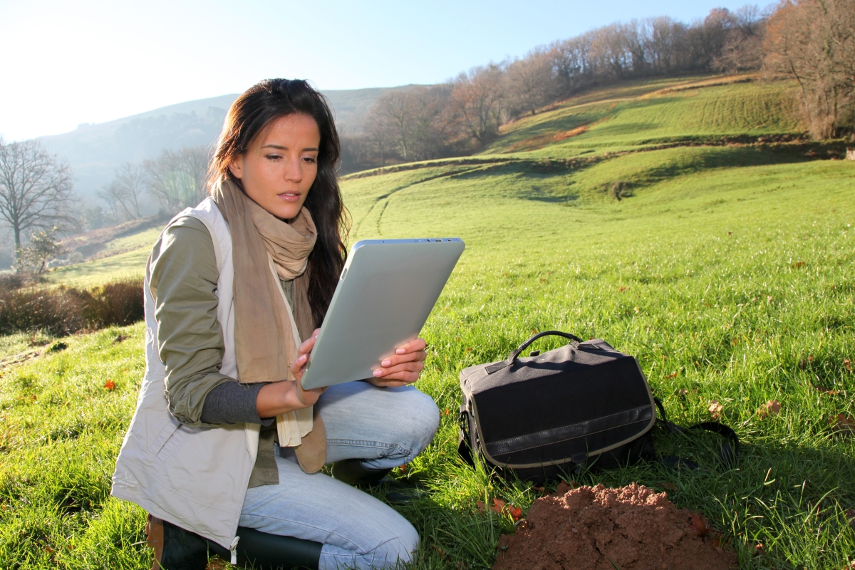 person working on a tablet on a grassy hill