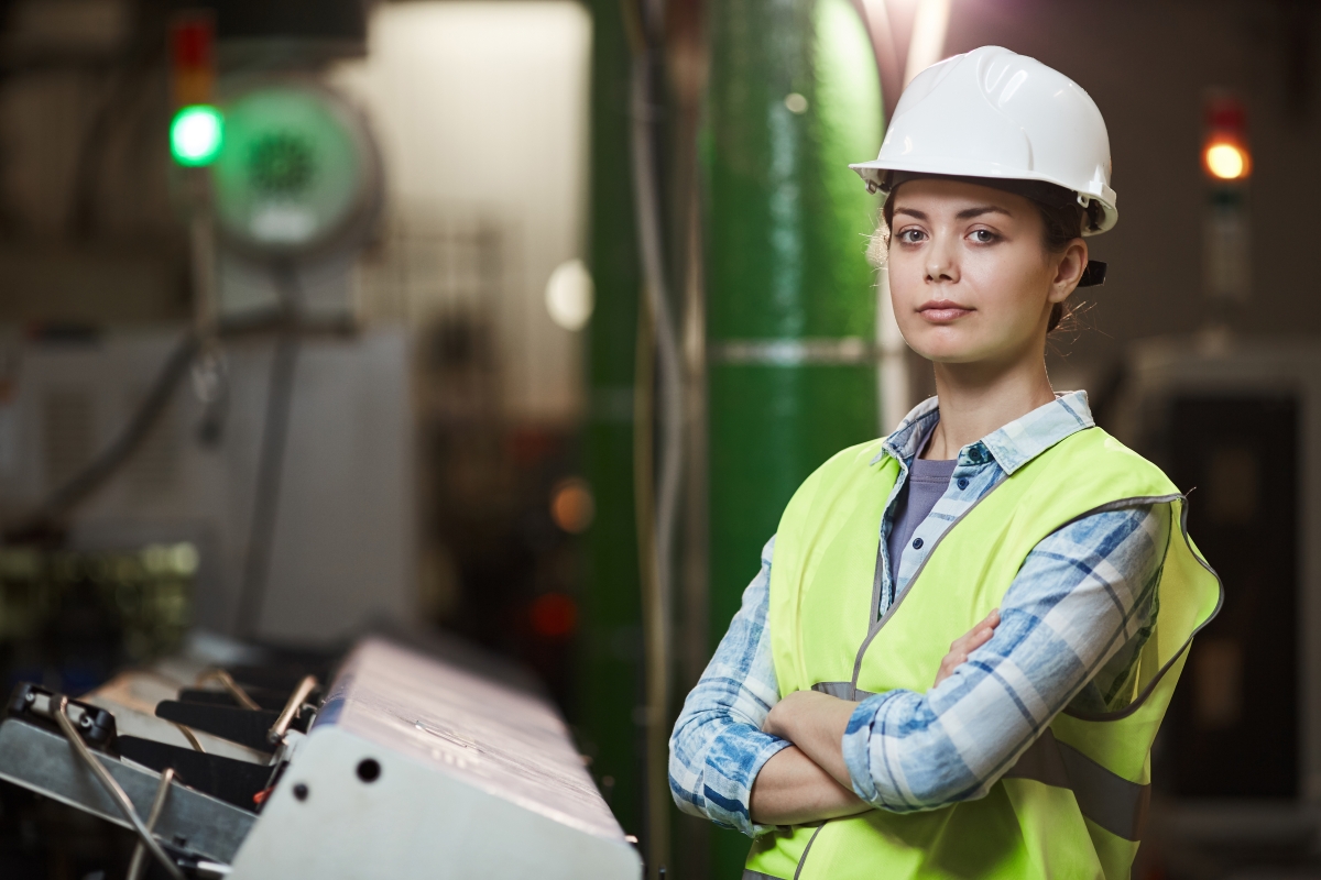 female worker in a hard hat and reflective vest