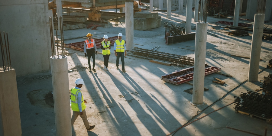 Concrete construction site with four workers wearing safety vests and hard hats
