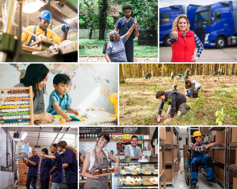 Diverse group of people at work in different job settings